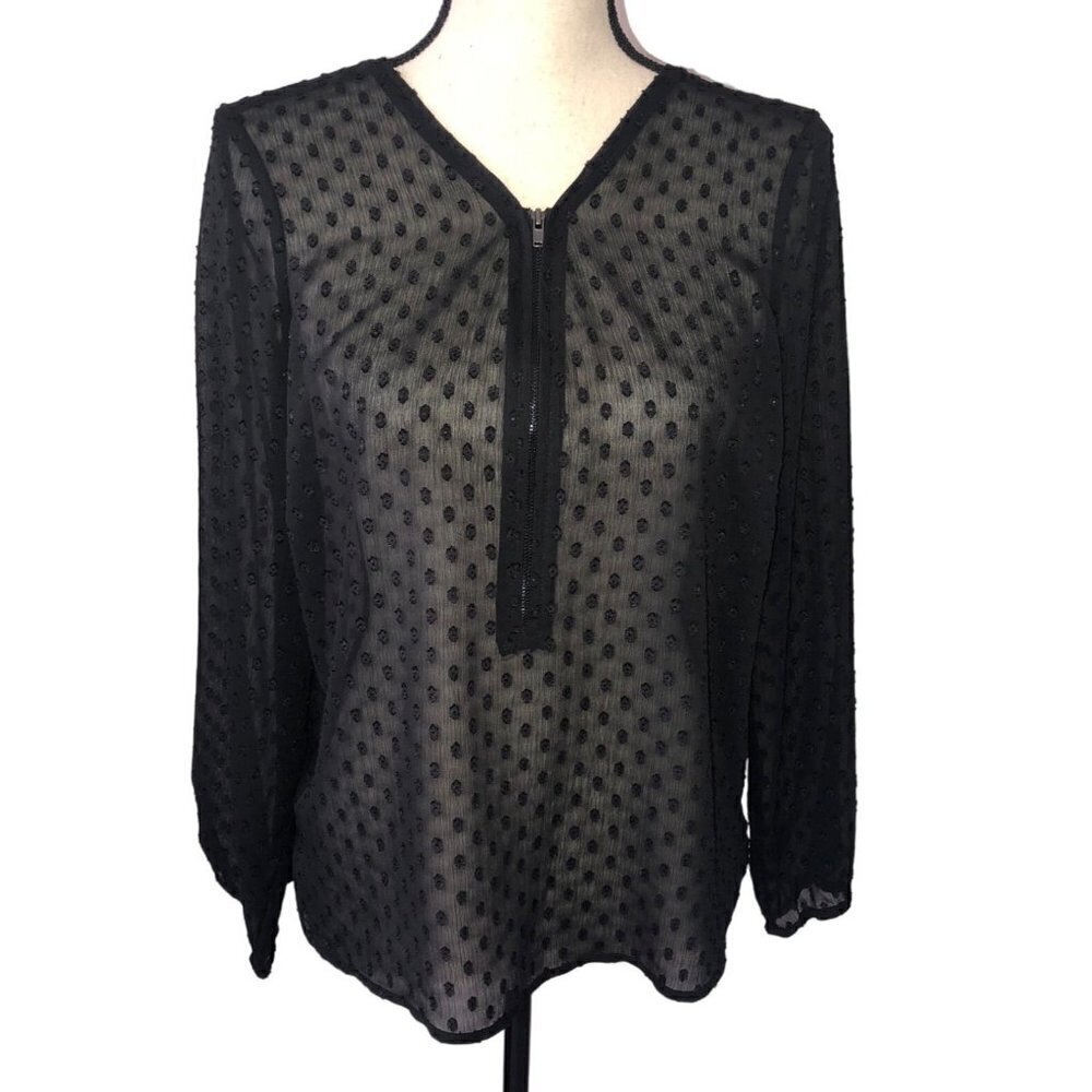 Maison Jules Size M Top Womens Sheer Black Long Sleeve Zipper Swiss Dot V Neck